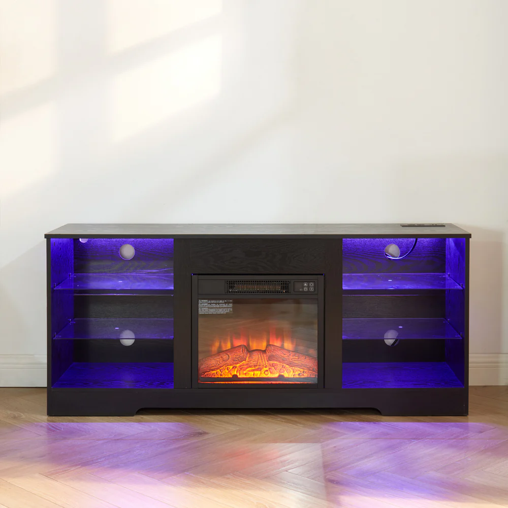TV Stand Electric Fireplace TV Stand with Glass Shelves, 3D Fireplace TV Stand with LED Lights Wood with USB Charging Outlet Modern Television Table Center for TV up to 32-62' Black 58''W*15.4''D*24.4 - Image 12