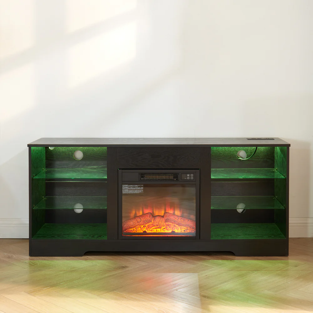 TV Stand Electric Fireplace TV Stand with Glass Shelves, 3D Fireplace TV Stand with LED Lights Wood with USB Charging Outlet Modern Television Table Center for TV up to 32-62' Black 58''W*15.4''D*24.4 - Image 15