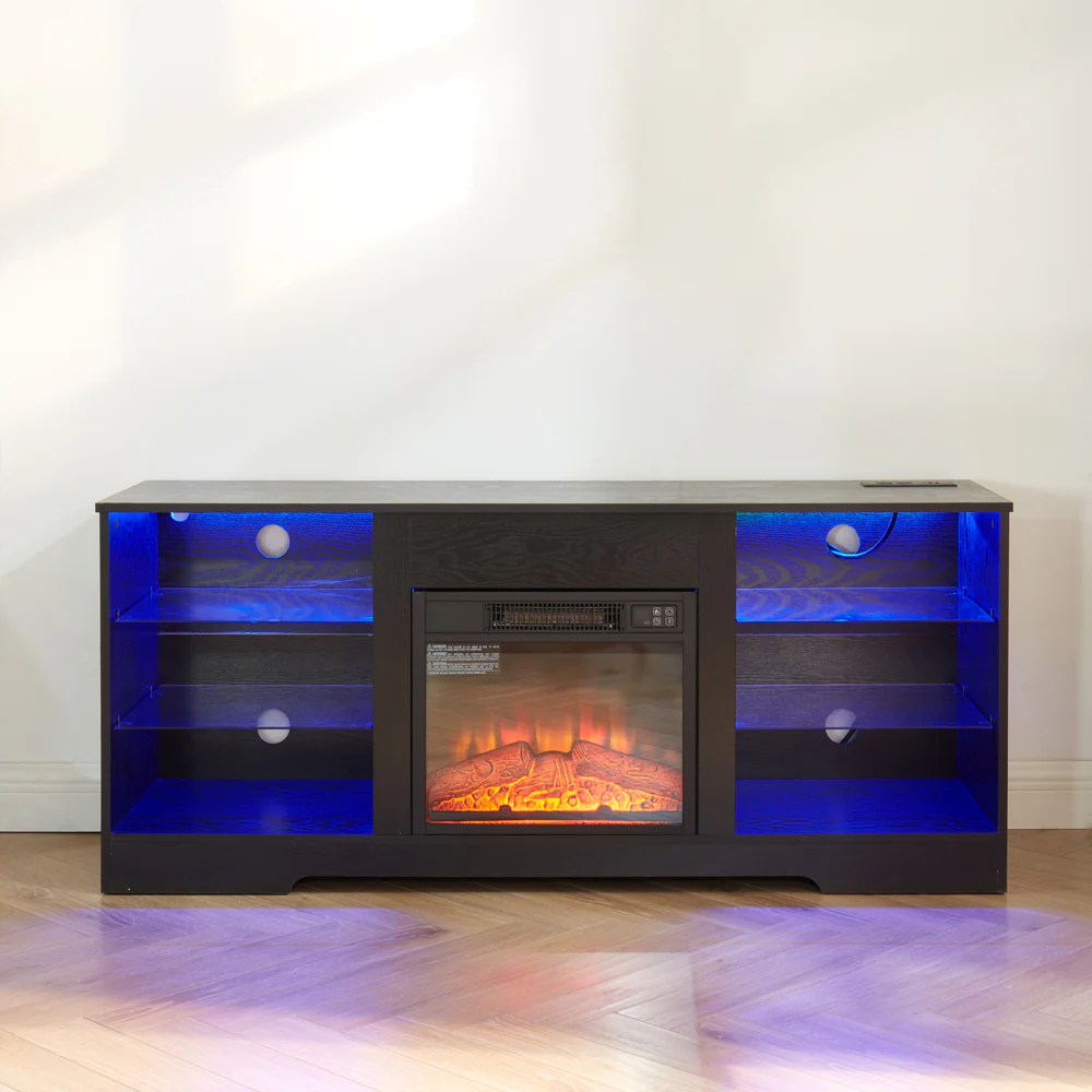 TV Stand Electric Fireplace TV Stand with Glass Shelves, 3D Fireplace TV Stand with LED Lights Wood with USB Charging Outlet Modern Television Table Center for TV up to 32-62' Black 58''W*15.4''D*24.4 - Image 18