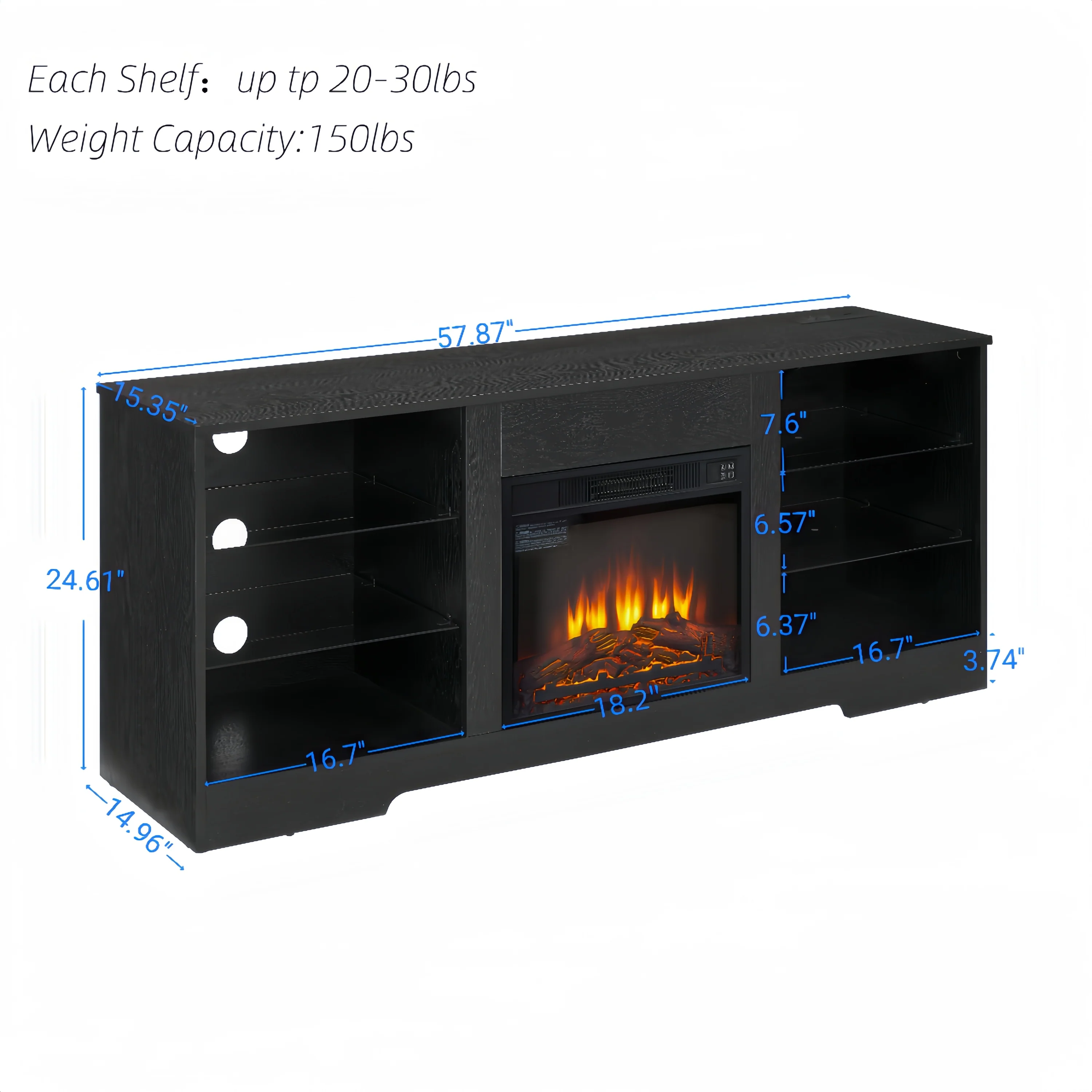 TV Stand Electric Fireplace TV Stand with Glass Shelves, 3D Fireplace TV Stand with LED Lights Wood with USB Charging Outlet Modern Television Table Center for TV up to 32-62' Black 58''W*15.4''D*24.4 - Image 26