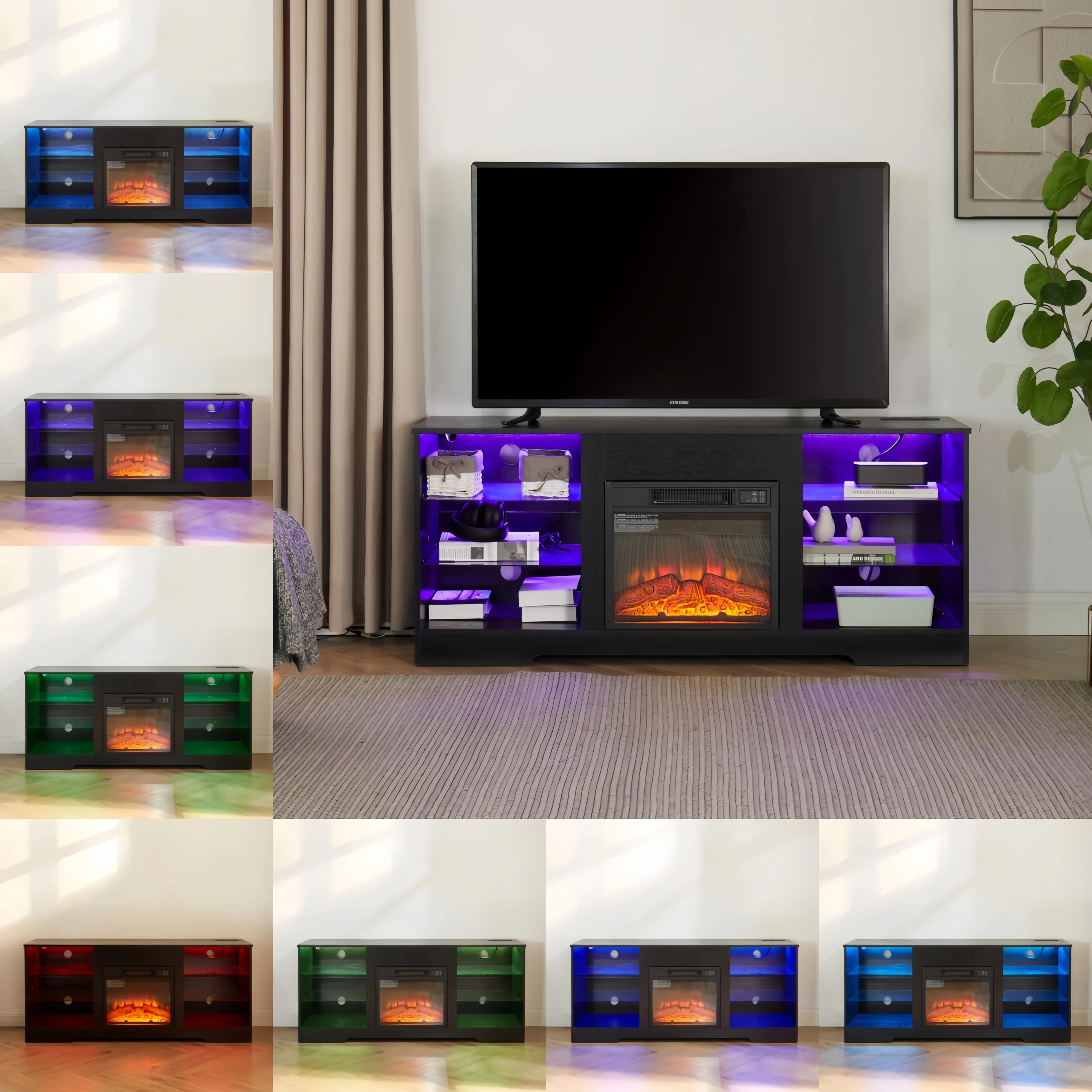 TV Stand Electric Fireplace TV Stand with Glass Shelves, 3D Fireplace TV Stand with LED Lights Wood with USB Charging Outlet Modern Television Table Center for TV up to 32-62' Black 58''W*15.4''D*24.4 - Image 6