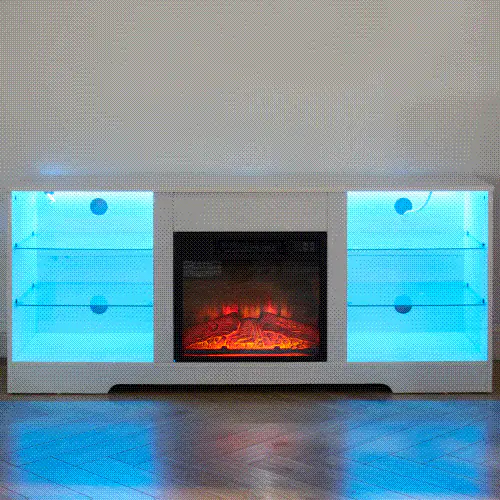 TV Stand Electric Fireplace TV Stand with Glass Shelves, 3D Fireplace TV Stand with LED Lights Wood with USB Charging Outlet Modern Television Table Center for TV up to 32-62' White 58''W*15.4''D*24.4 - Image 10