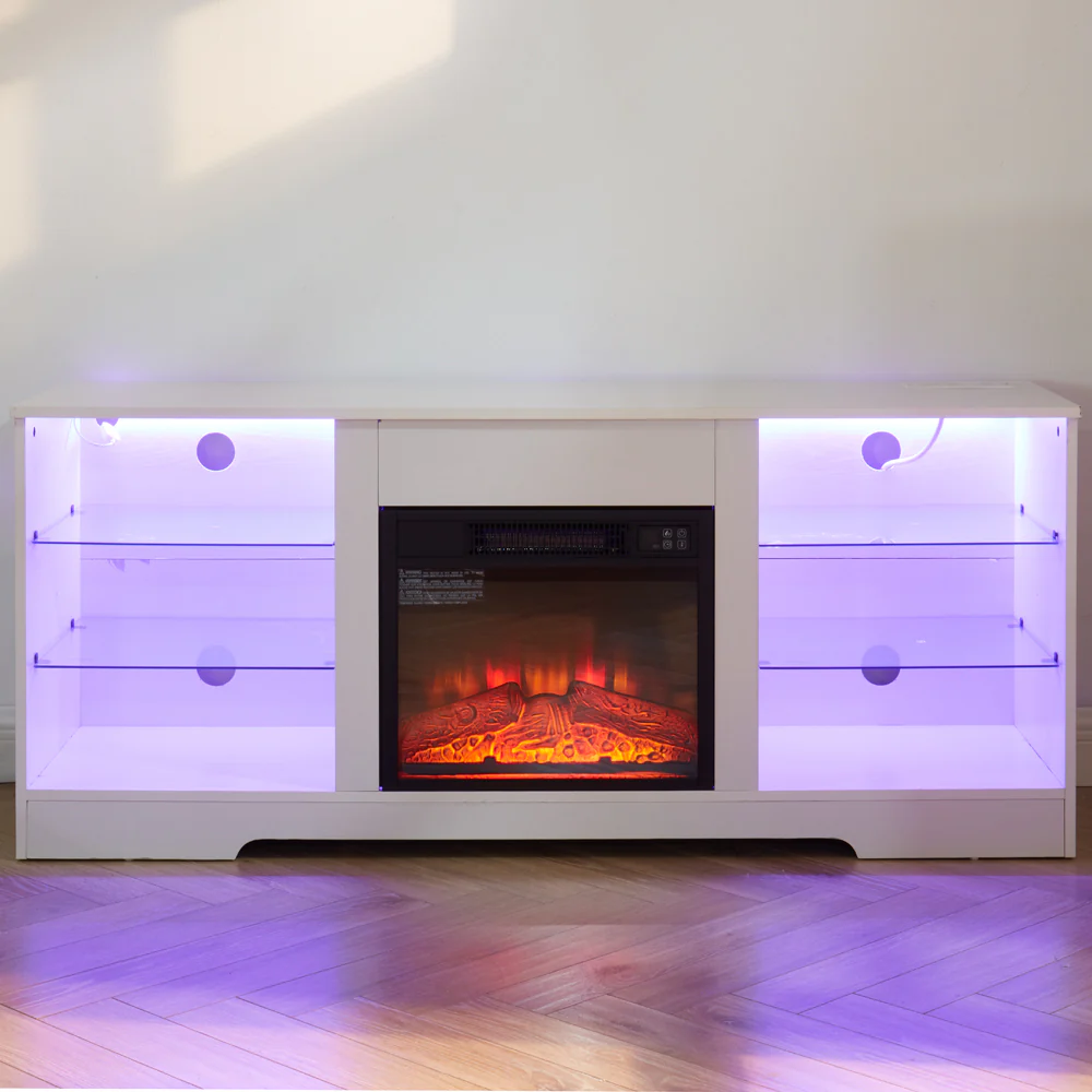 TV Stand Electric Fireplace TV Stand with Glass Shelves, 3D Fireplace TV Stand with LED Lights Wood with USB Charging Outlet Modern Television Table Center for TV up to 32-62' White 58''W*15.4''D*24.4 - Image 11