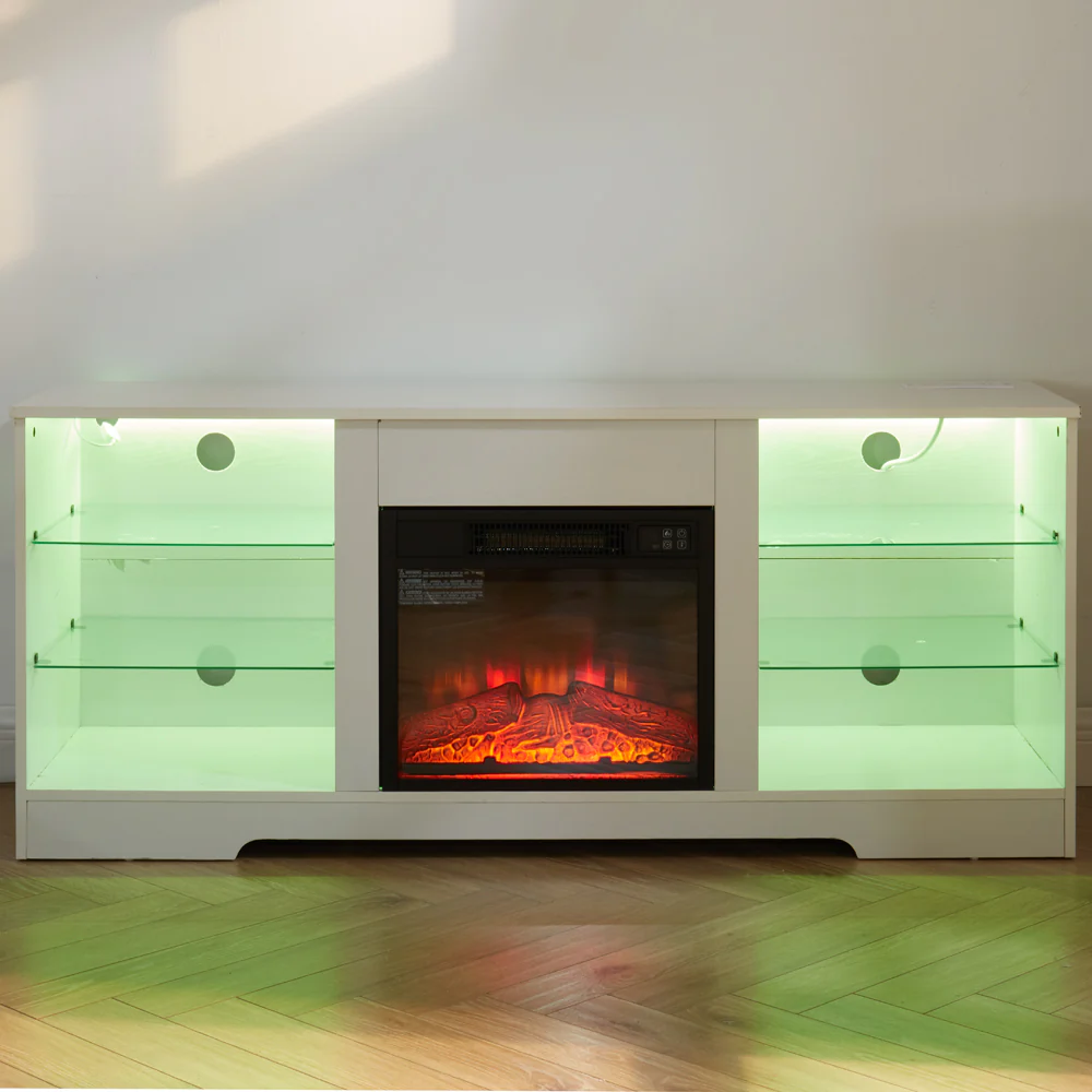 TV Stand Electric Fireplace TV Stand with Glass Shelves, 3D Fireplace TV Stand with LED Lights Wood with USB Charging Outlet Modern Television Table Center for TV up to 32-62' White 58''W*15.4''D*24.4 - Image 12