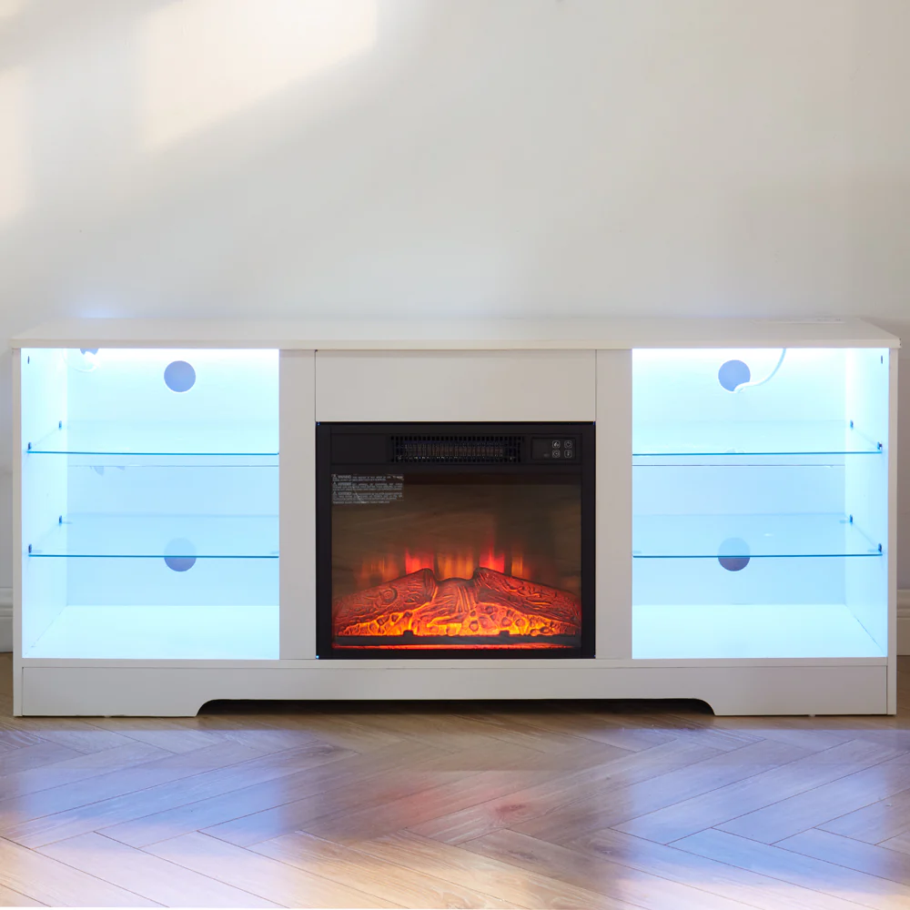 TV Stand Electric Fireplace TV Stand with Glass Shelves, 3D Fireplace TV Stand with LED Lights Wood with USB Charging Outlet Modern Television Table Center for TV up to 32-62' White 58''W*15.4''D*24.4 - Image 14