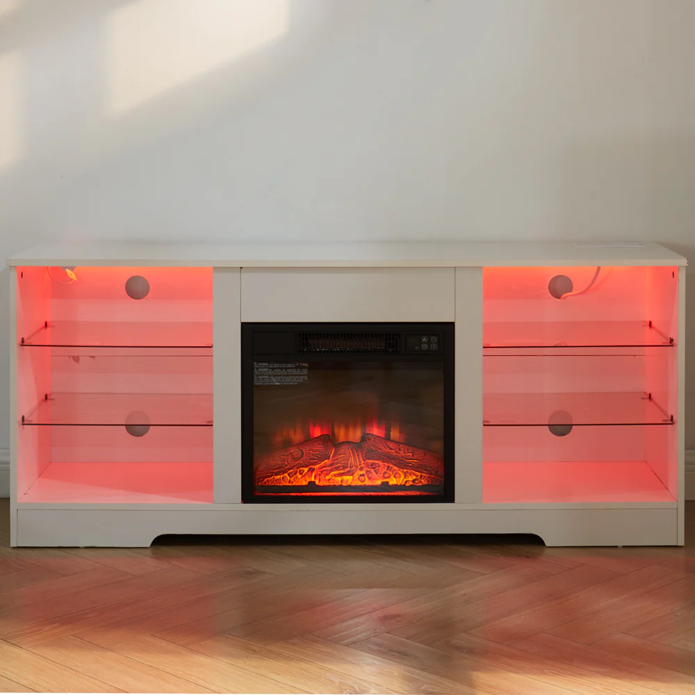 TV Stand Electric Fireplace TV Stand with Glass Shelves, 3D Fireplace TV Stand with LED Lights Wood with USB Charging Outlet Modern Television Table Center for TV up to 32-62' White 58''W*15.4''D*24.4 - Image 16