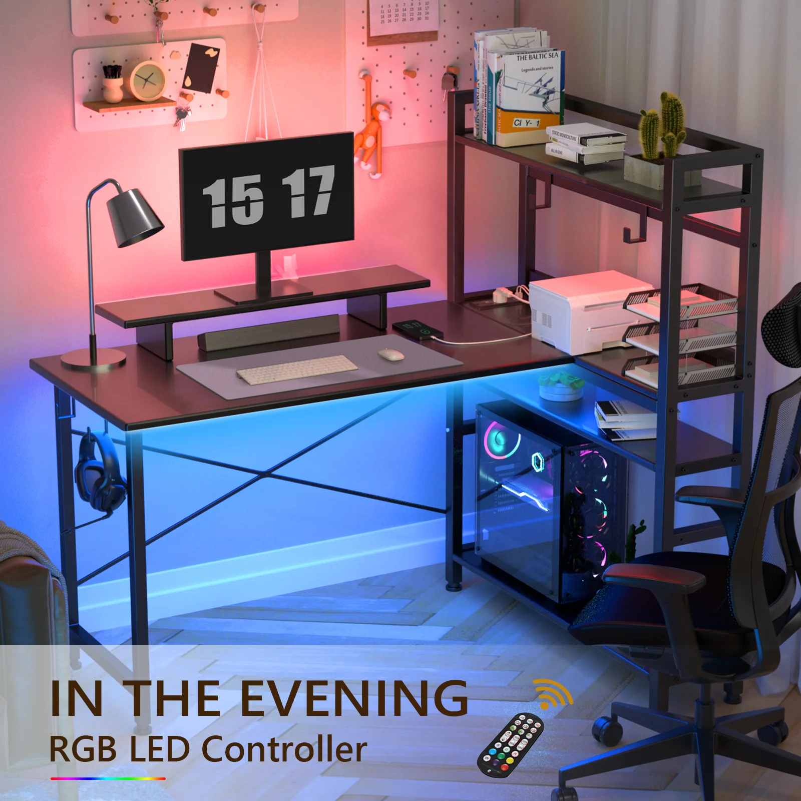 L-Shaped LED Gaming Desk with Monitor Stand - Image 3