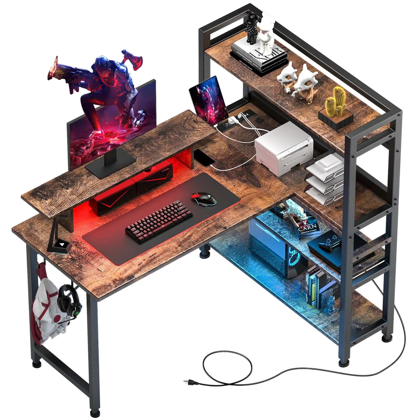 L-Shaped LED Gaming Desk with Monitor Stand - Image 30